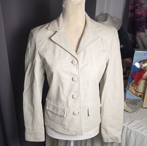 Vintage Cream Leather Blazer‎ Jacket Women’s Small Button Front Tailored